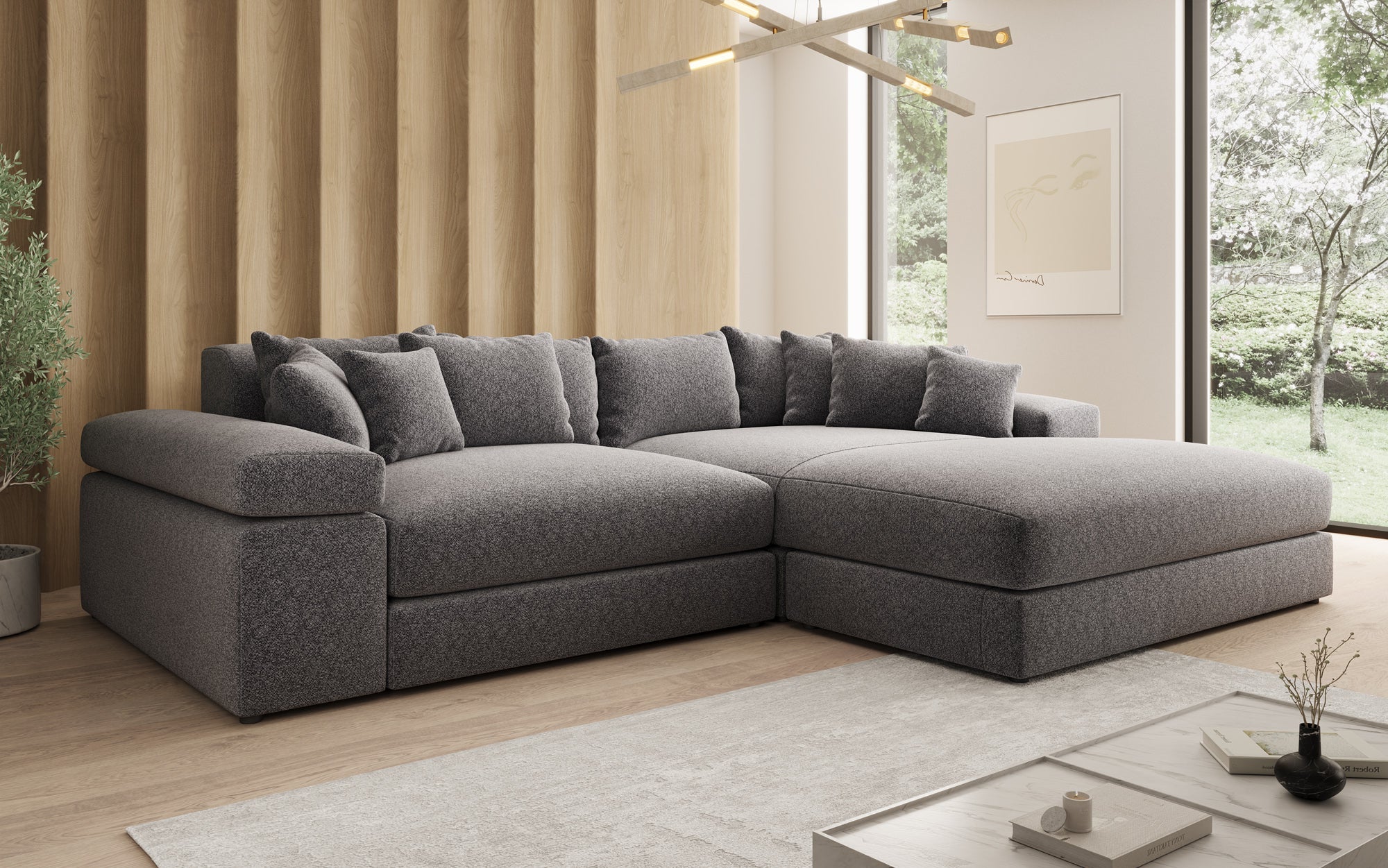 Designer Sofa Bernardo mit breiter Ottomane in Strukturstoff