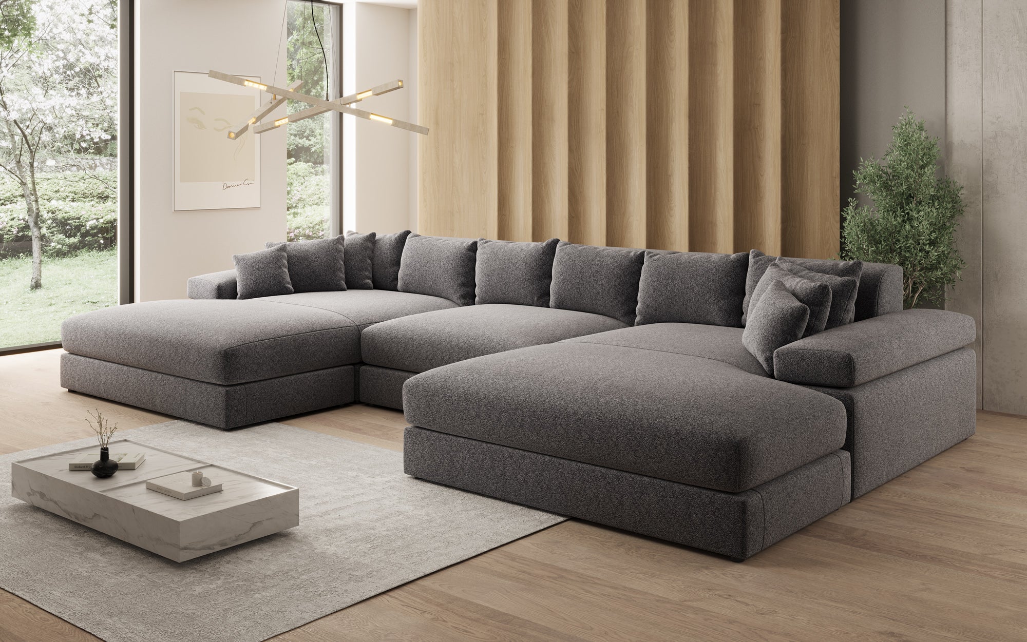 Designer Sofa Bernardo U mit breiter Ottomane in Strukturstoff