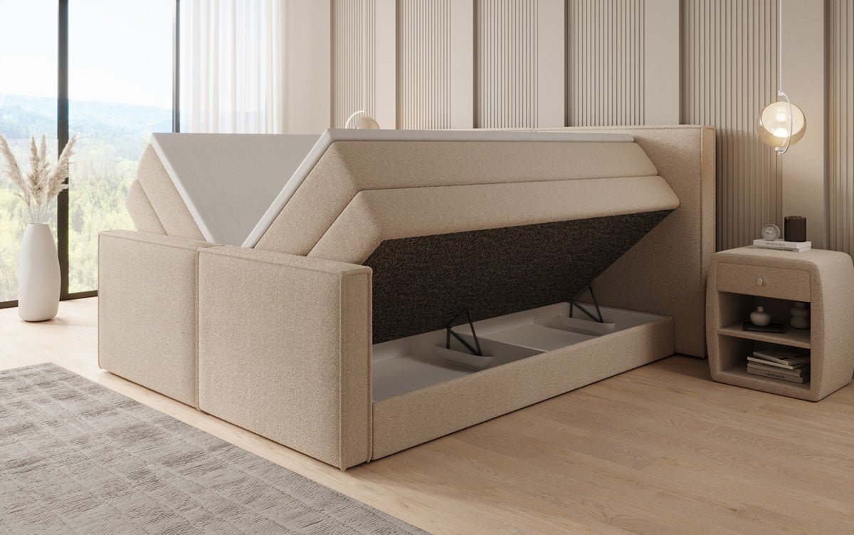 Boxspringbett Ophelia II mit hochklappbarem Stauraum in Teddy Bouclé