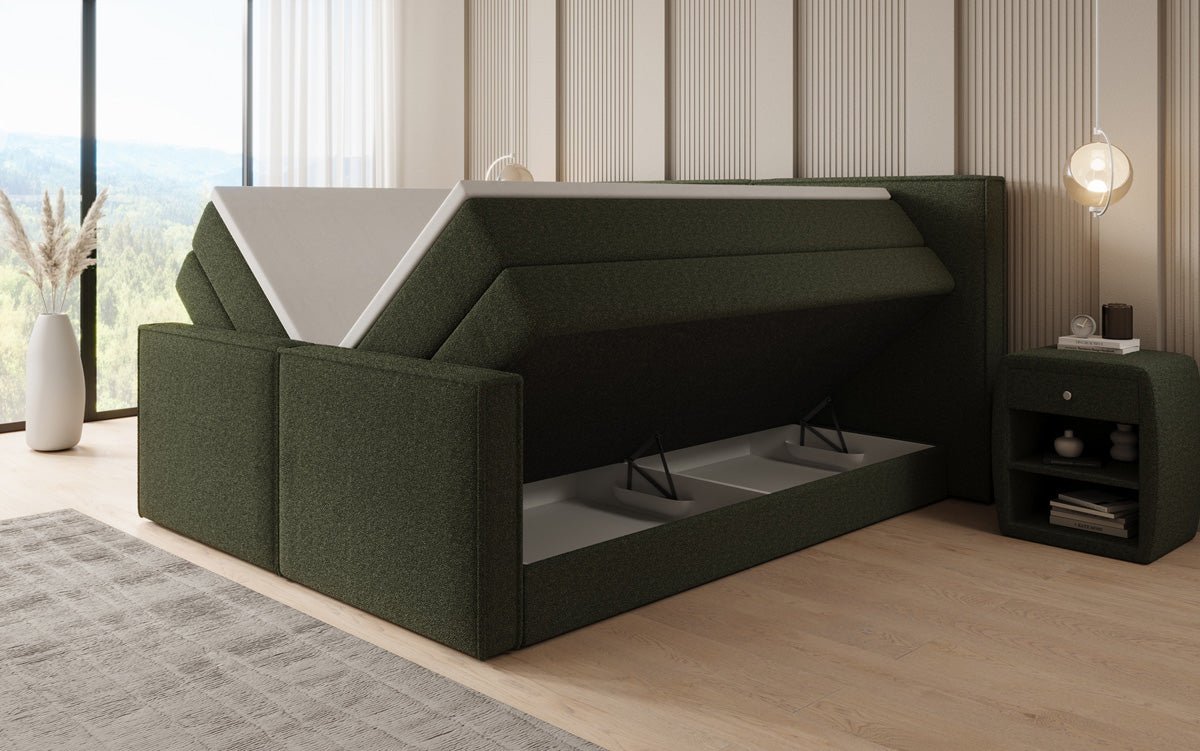 Boxspringbett Ophelia II mit hochklappbarem Stauraum in Teddy Bouclé