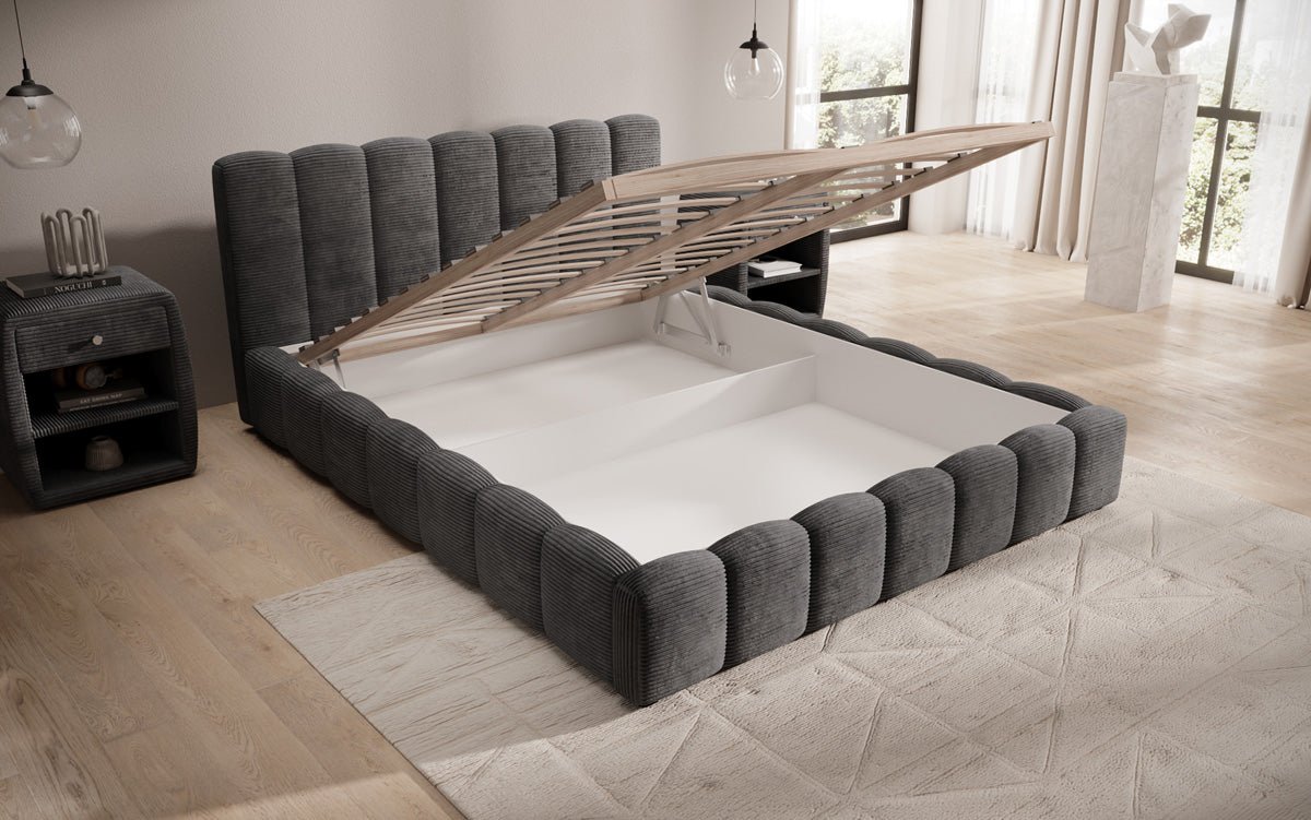 Designer Polsterbett Nuveo in Cord mit Stauraum