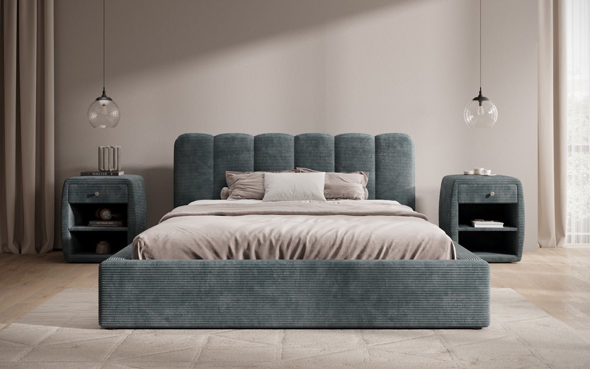 Designer Polsterbett Nerra in Cord mit Stauraum