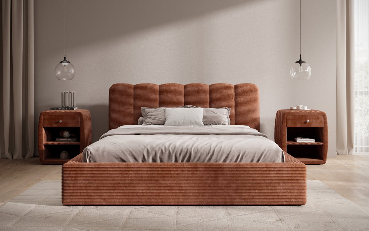 Designer Polsterbett Nerra in Cord mit Stauraum
