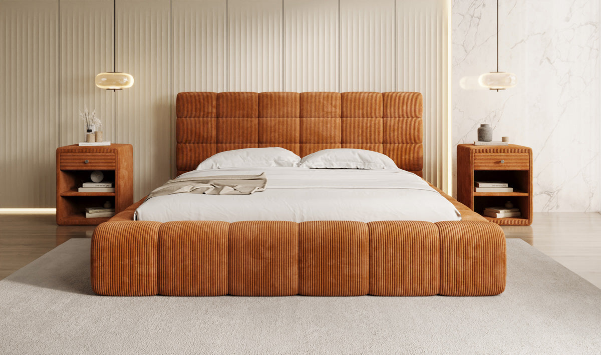 Designer Polsterbett Marshmallow in Cord mit Stauraum