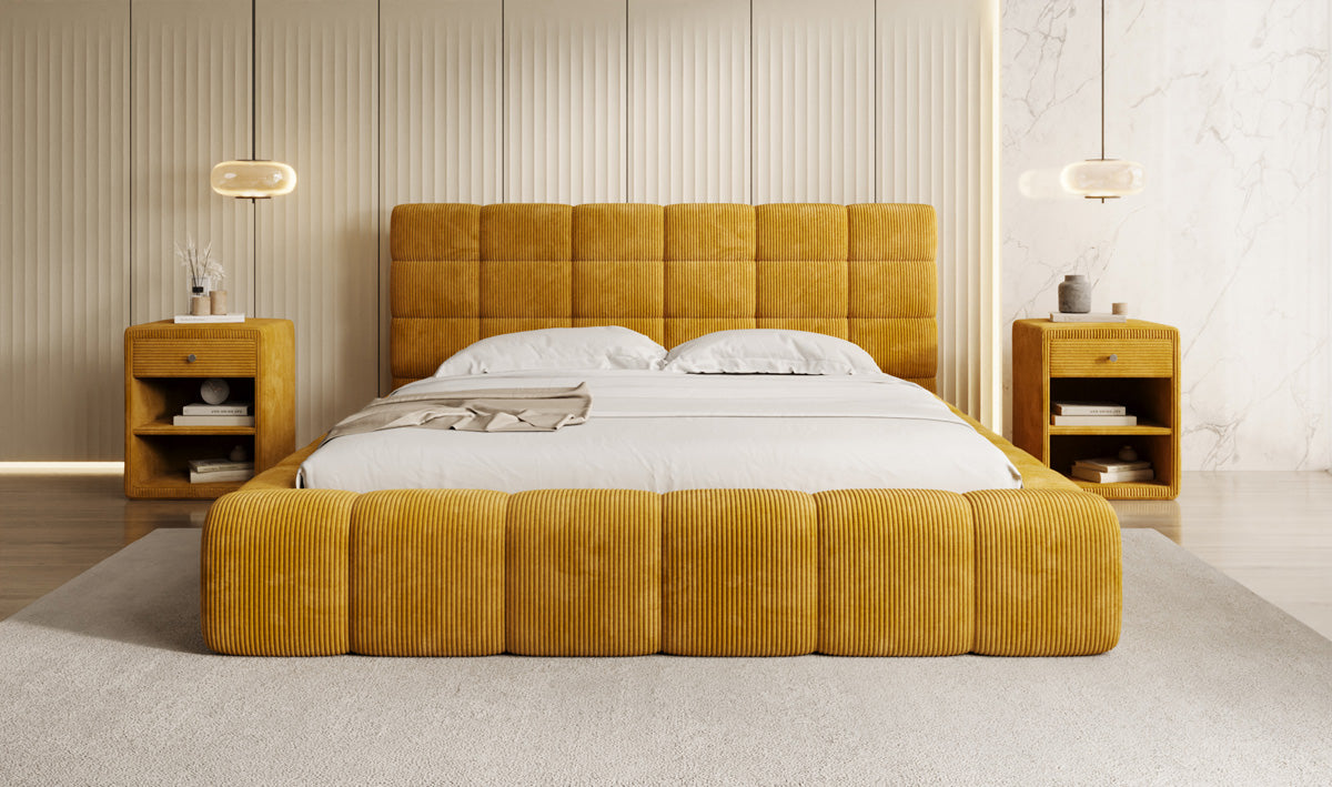 Designer Polsterbett Marshmallow in Cord mit Stauraum