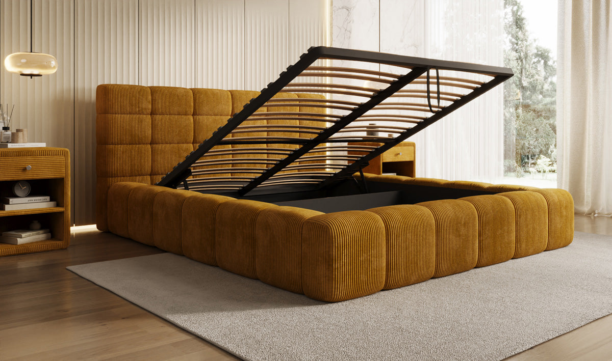Designer Polsterbett Marshmallow in Cord mit Stauraum