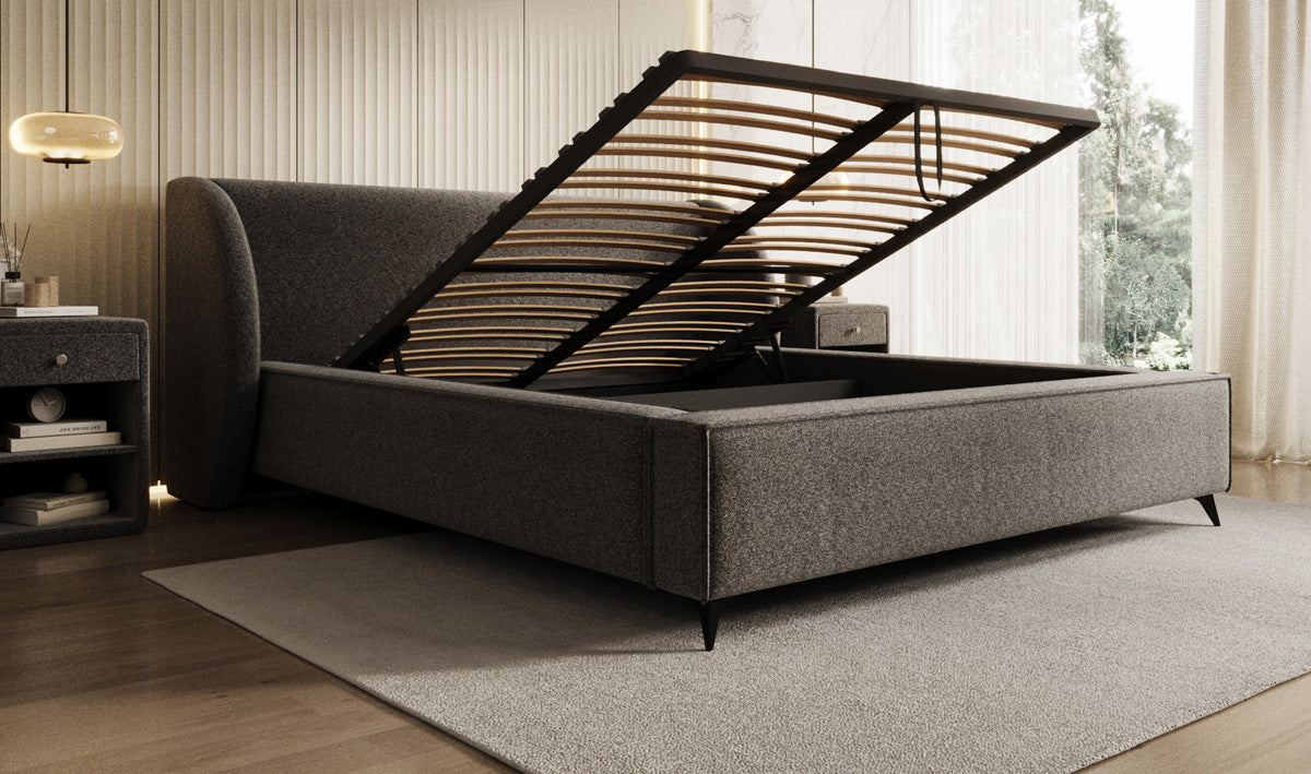 Designer Polsterbett Freya in Strukturstoff mit Stauraum