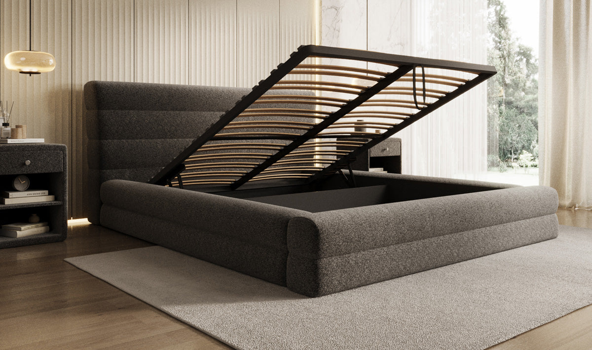 Designer Polsterbett Maren in Strukturstoff mit Stauraum