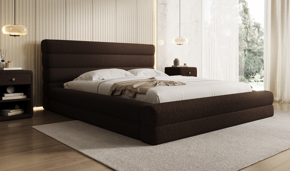 Designer Polsterbett Maren in Teddy Bouclé mit Stauraum