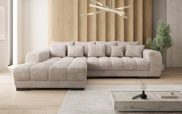 Designer Ecksofa Balu mit Schlaffunktion und Stauraum in Cord