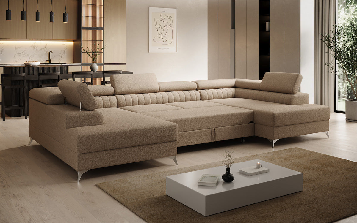 Designer Sofa Aurea U mit Schlaf- und Klappfunktion in Bouclé
