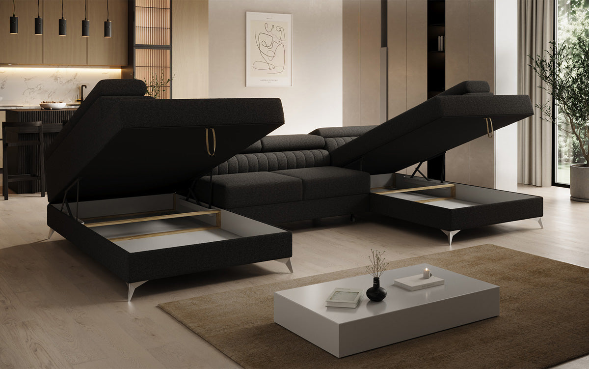 Designer Sofa Aurea U mit Schlaf- und Klappfunktion in Bouclé