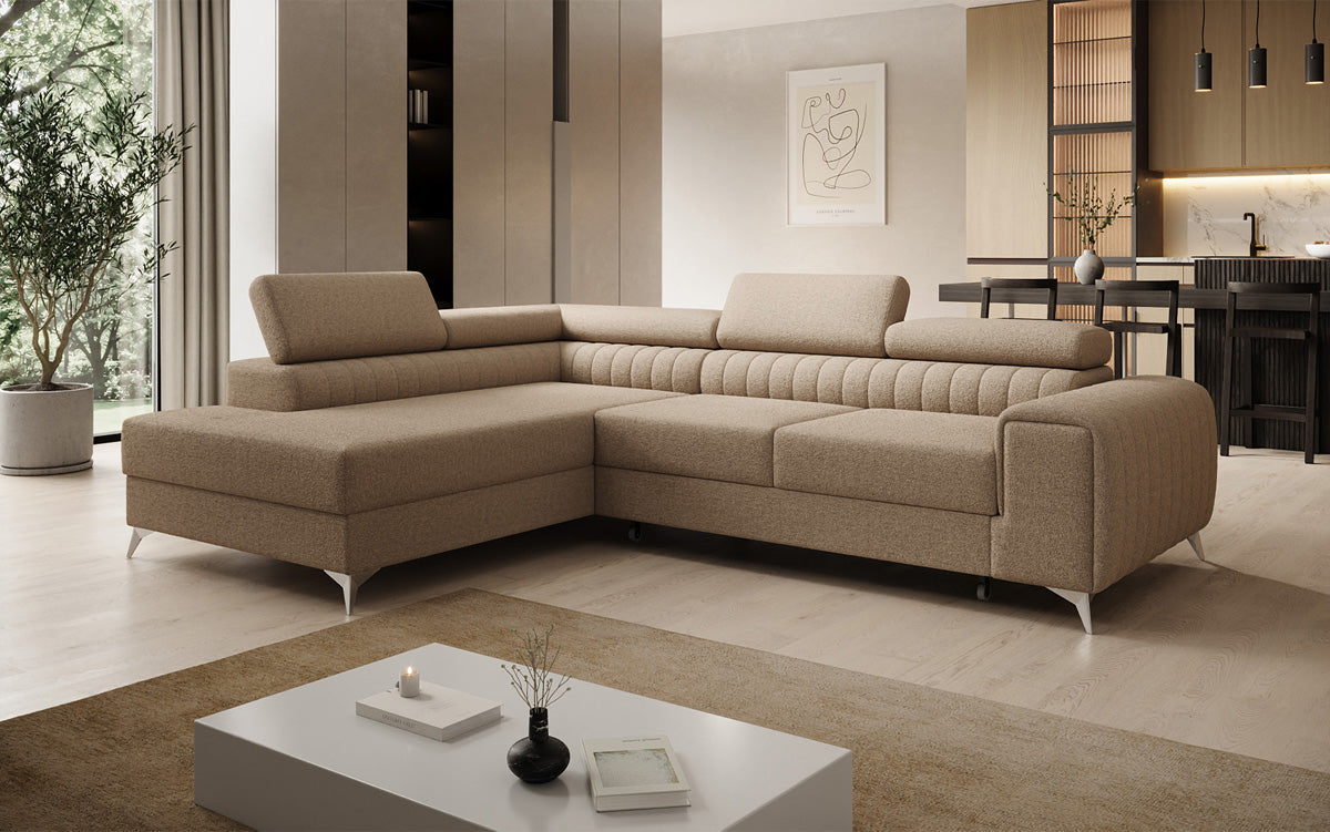 Designer Ecksofa Aurea mit Schlaf- und Klappfunktion in Bouclé