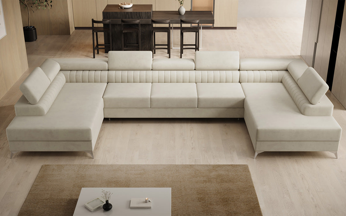 Designer Sofa Aurea U XXL mit Schlaf- und Klappfunktion in Samt