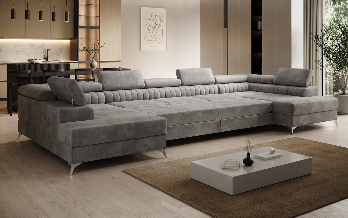 Designer Sofa Aurea U XXL mit Schlaf- und Klappfunktion in Samt