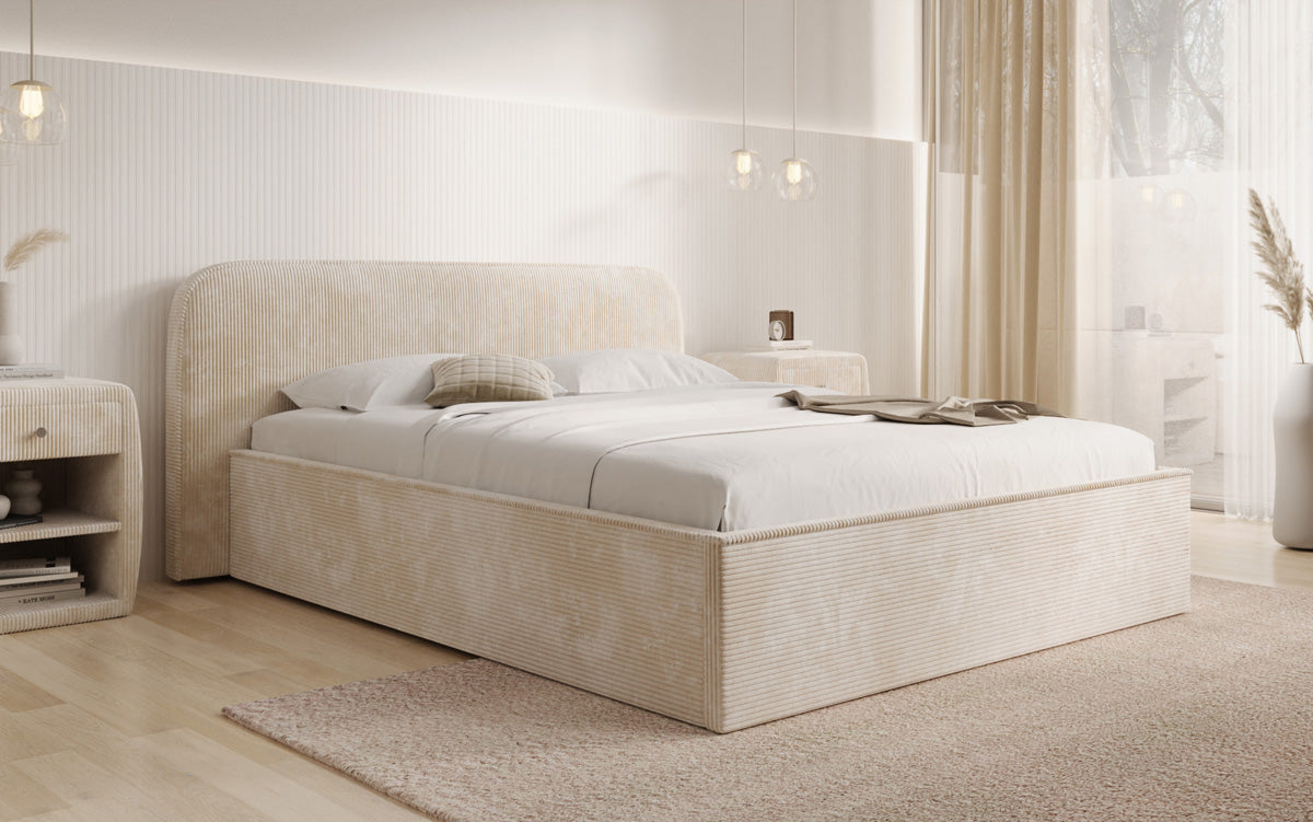 Designer Polsterbett Nola in Cord mit Stauraum