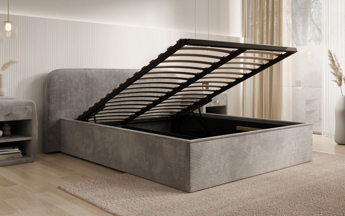 Designer Polsterbett Nola in Cord mit Stauraum