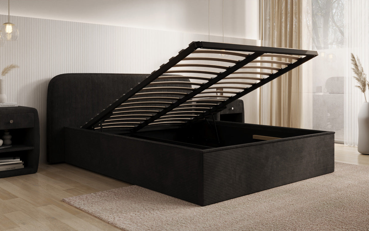 Designer Polsterbett Nola in Cord mit Stauraum