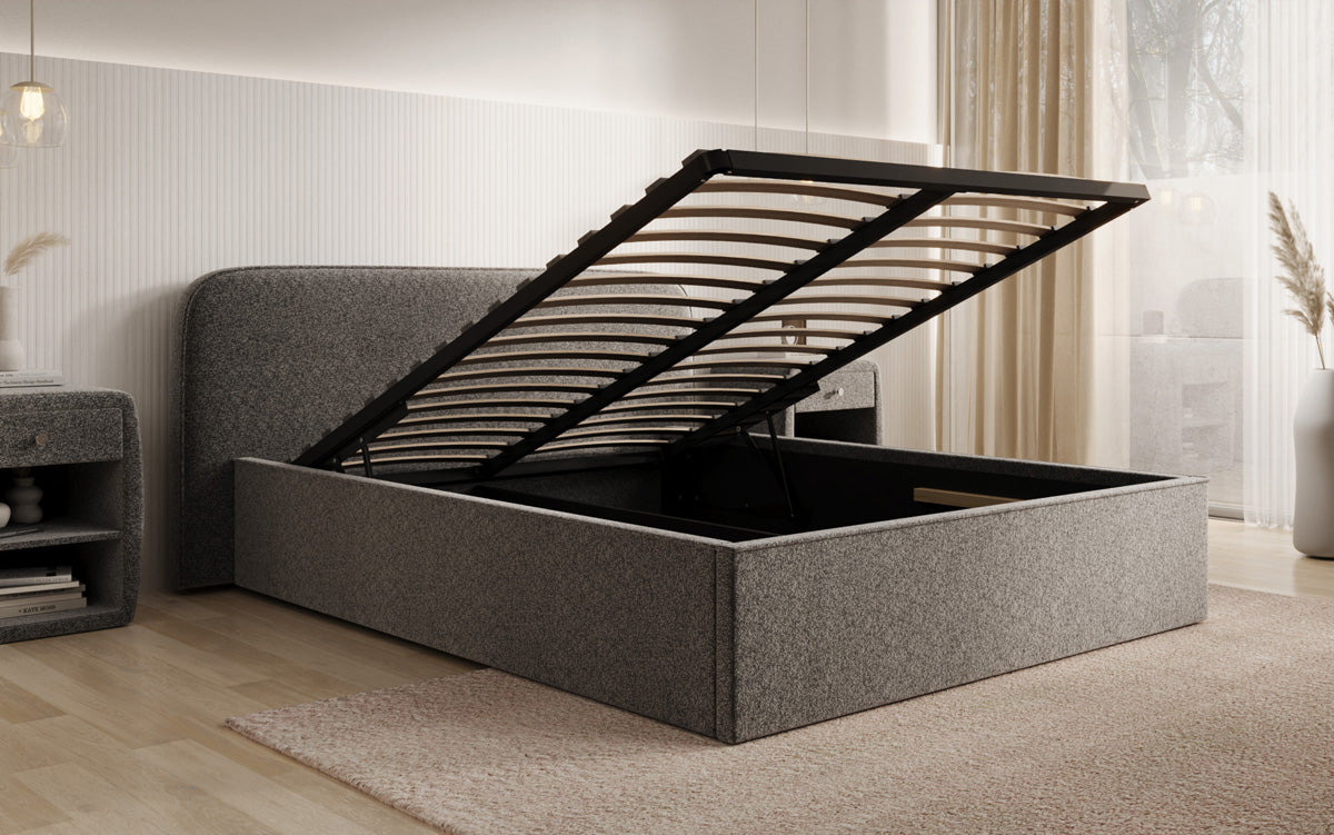 Designer Polsterbett Nola in Strukturstoff mit Stauraum