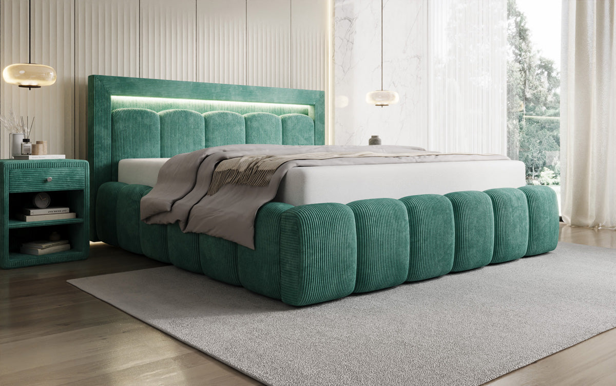 Designer Polsterbett Lume in Cord mit Stauraum und RGB Beleuchtung