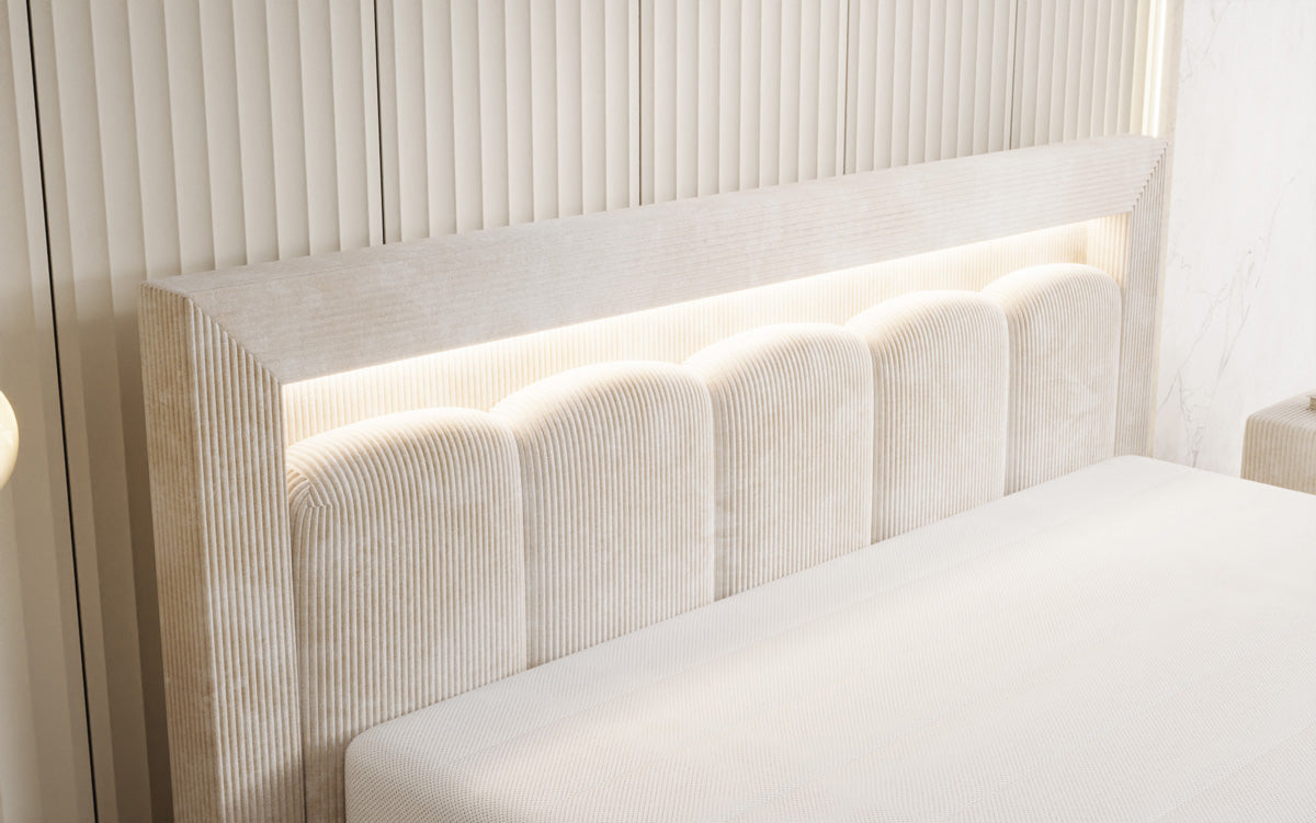 Designer Polsterbett Lume in Cord mit Stauraum und RGB Beleuchtung