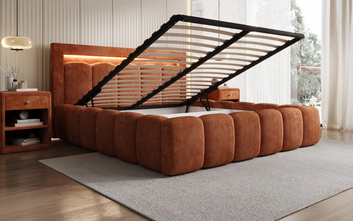 Designer Polsterbett Lume in Cord mit Stauraum und RGB Beleuchtung
