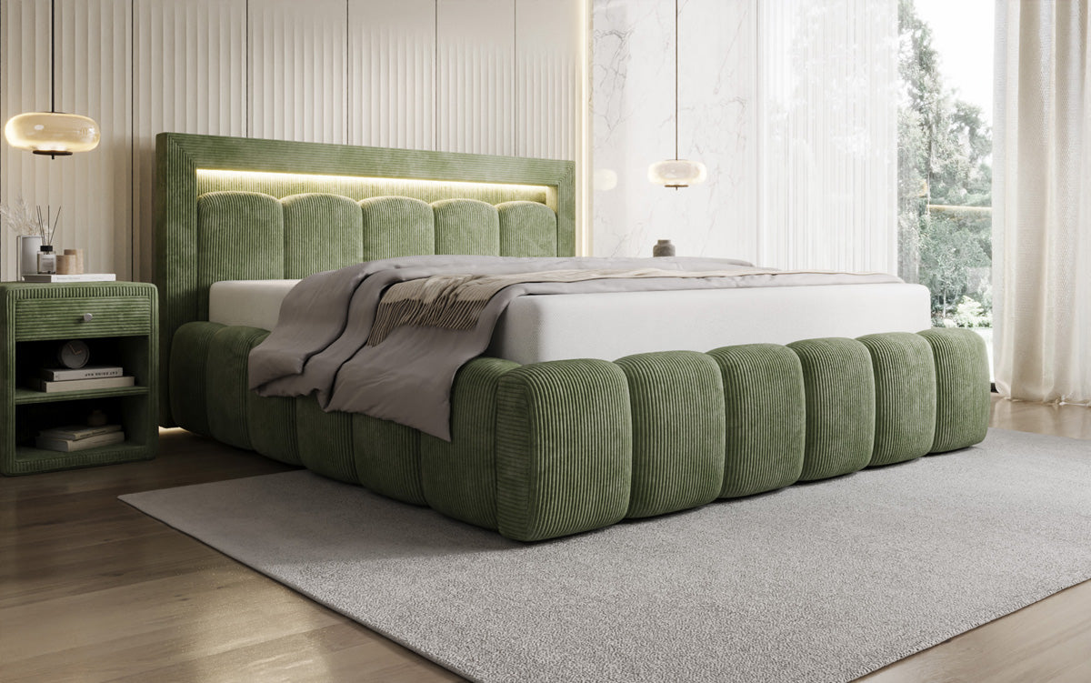 Designer Polsterbett Lume in Cord mit Stauraum und RGB Beleuchtung
