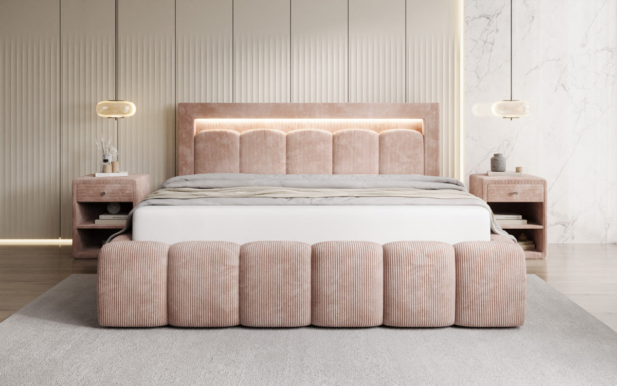 Designer Polsterbett Lume in Cord mit Stauraum und RGB Beleuchtung