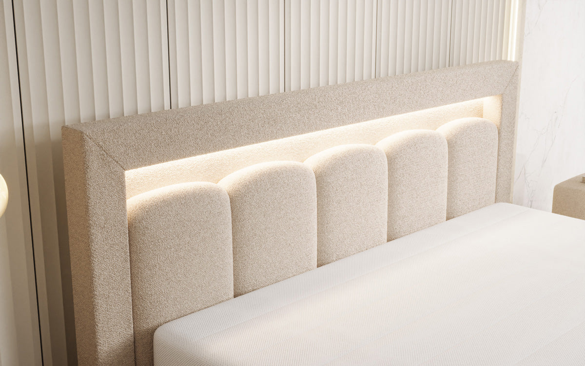 Designer Polsterbett Lume in Teddy Bouclé mit Stauraum und RGB Beleuchtung