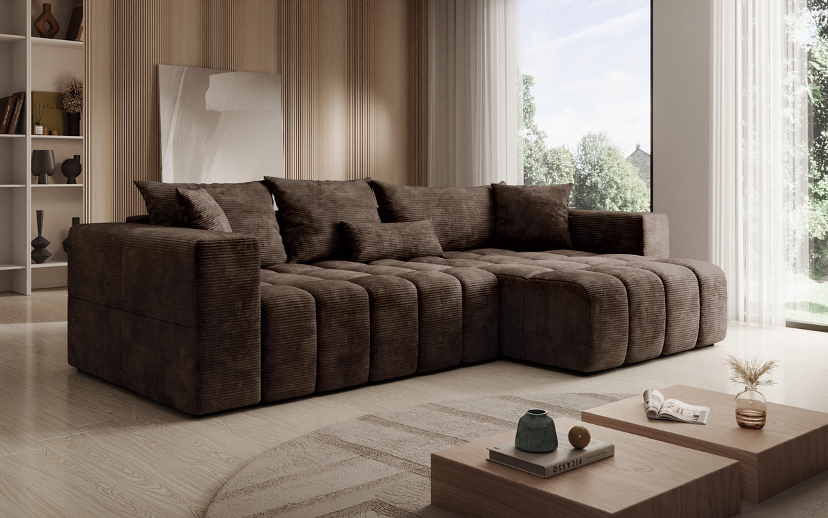 Designer Ecksofa Momo mit Schlaf- und Klappfunktion in Cord