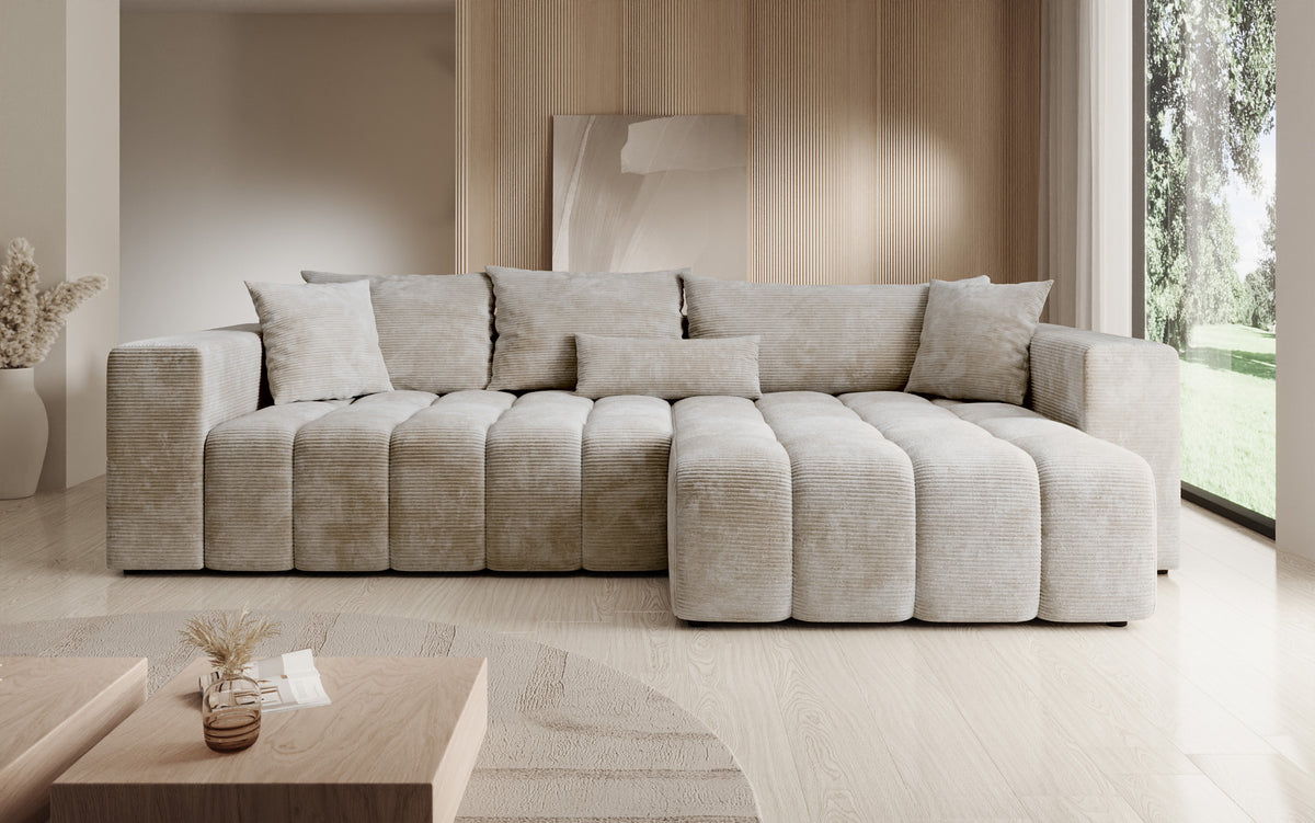 Designer Ecksofa Momo mit Schlaf- und Klappfunktion in Cord