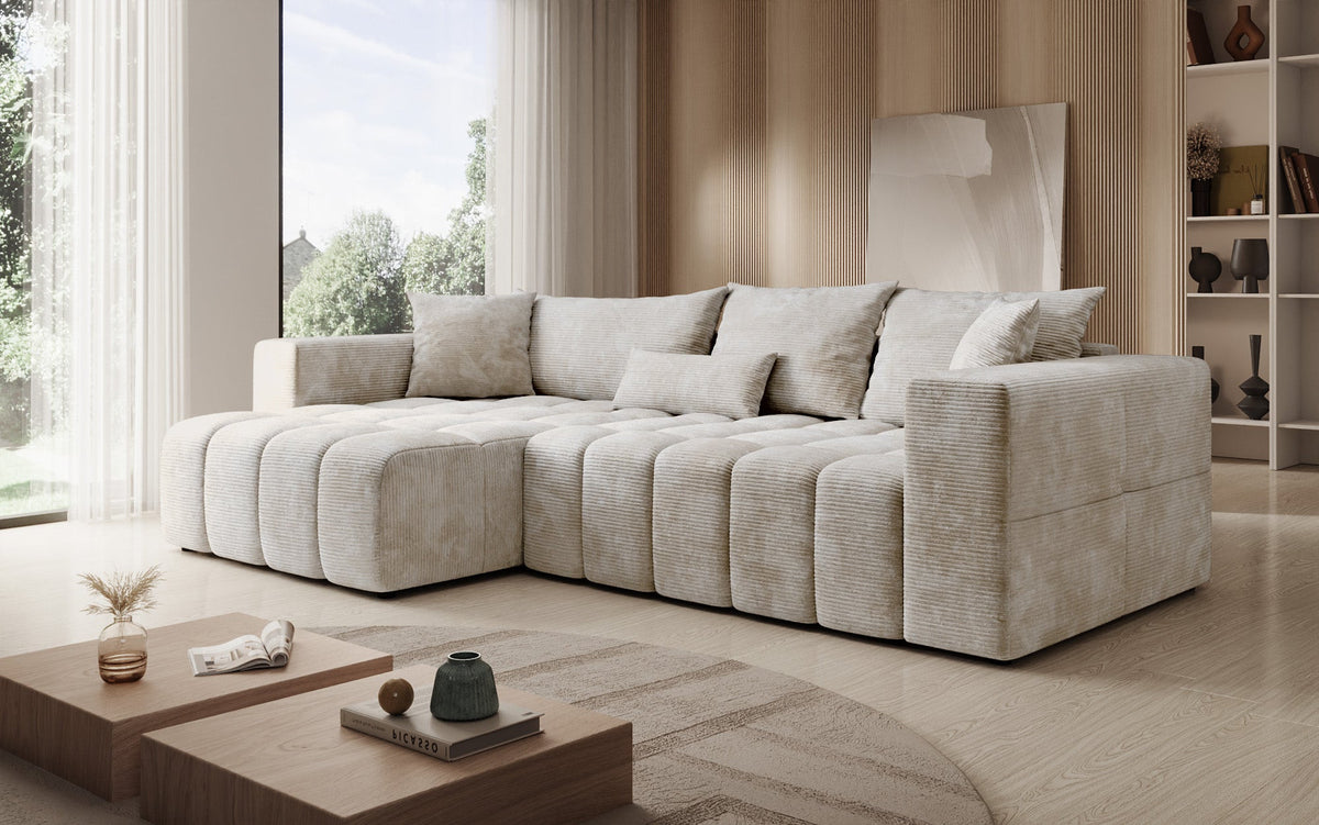 Designer Ecksofa Momo mit Schlaf- und Klappfunktion in Cord