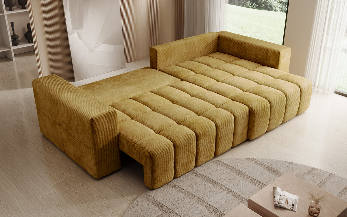 Designer Ecksofa Momo mit Schlaf- und Klappfunktion in Cord
