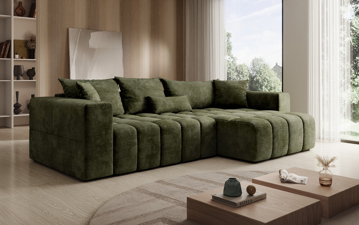 Designer Ecksofa Momo mit Schlaf- und Klappfunktion in Cord