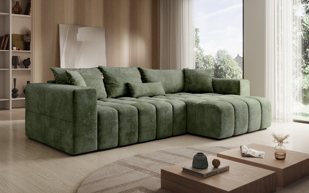 Designer Ecksofa Momo mit Schlaf- und Klappfunktion in Cord