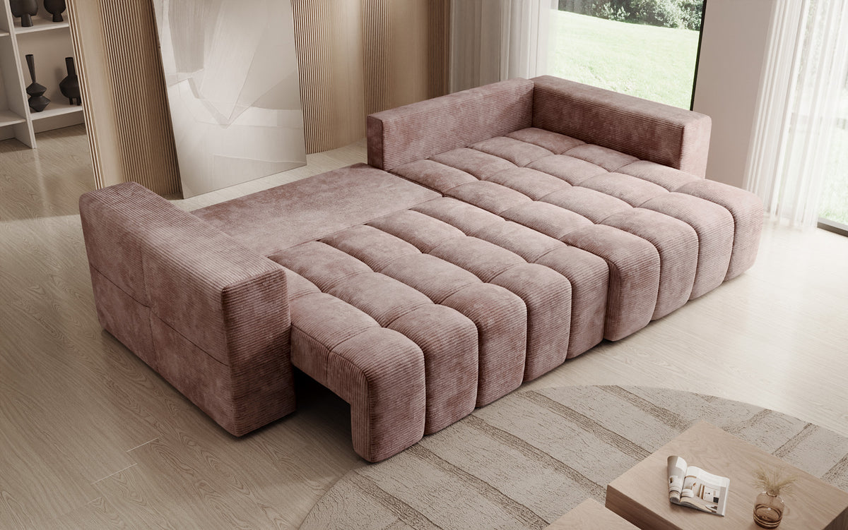 Designer Ecksofa Momo mit Schlaf- und Klappfunktion in Cord