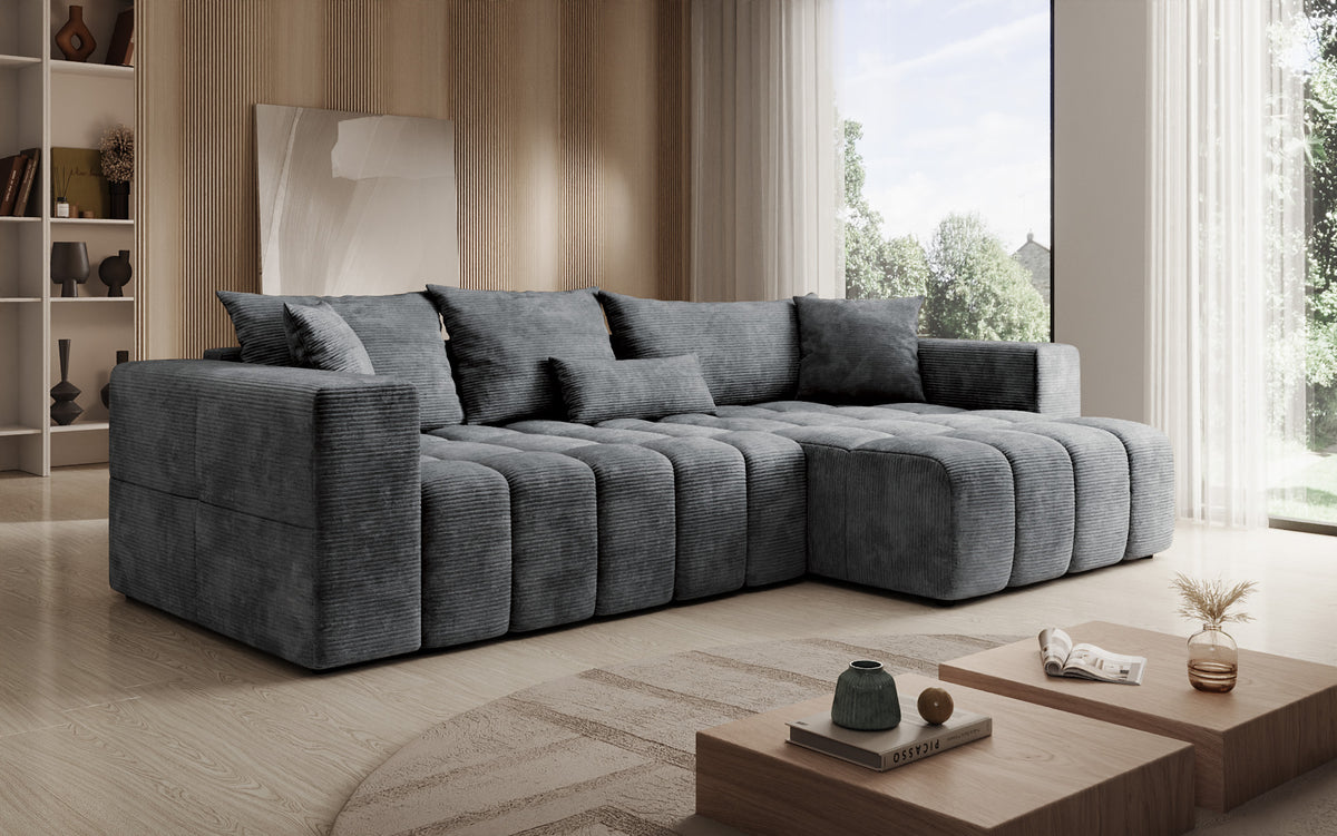 Designer Ecksofa Momo mit Schlaf- und Klappfunktion in Cord