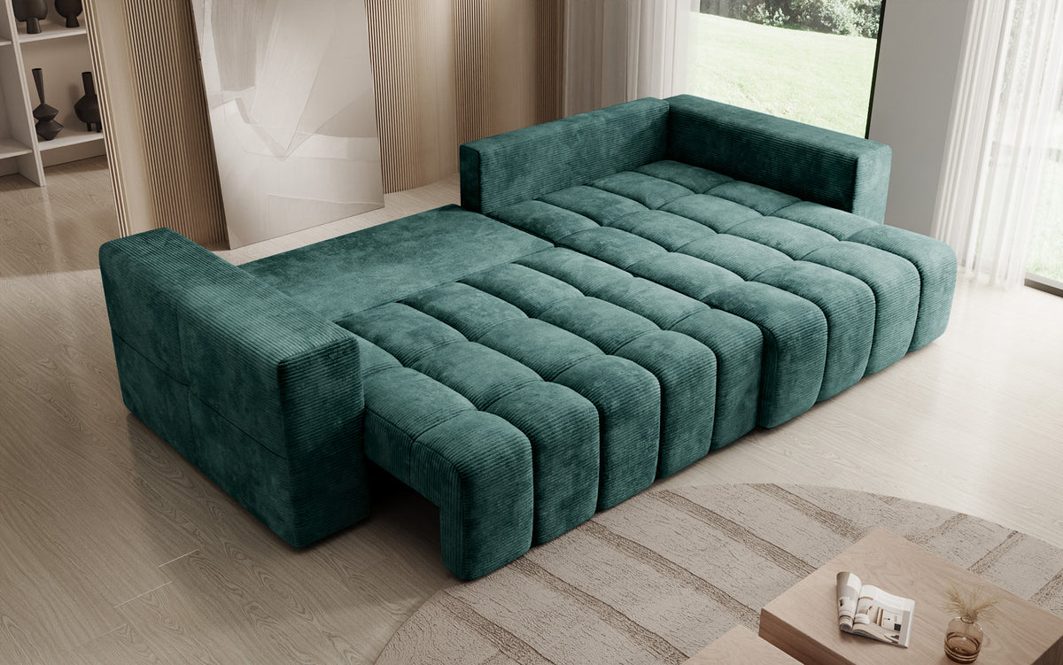 Designer Ecksofa Momo mit Schlaf- und Klappfunktion in Cord