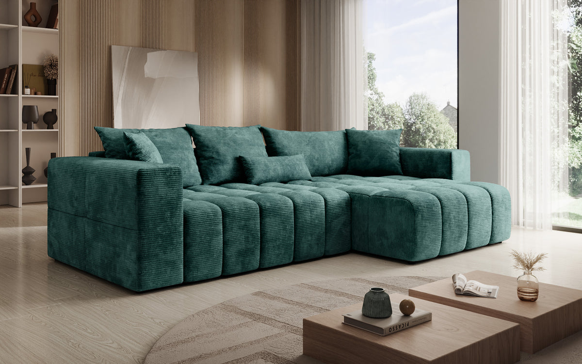 Designer Ecksofa Momo mit Schlaf- und Klappfunktion in Cord