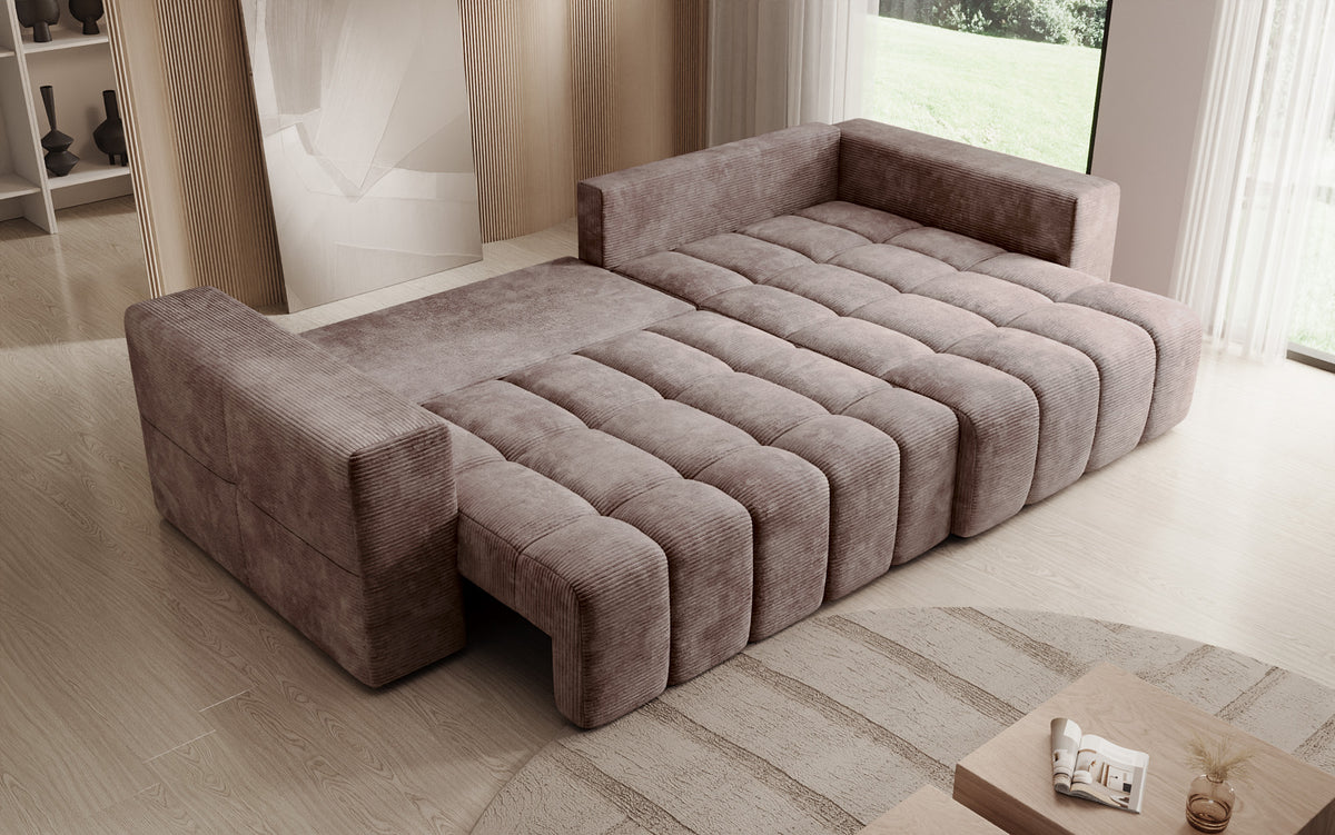 Designer Ecksofa Momo mit Schlaf- und Klappfunktion in Cord