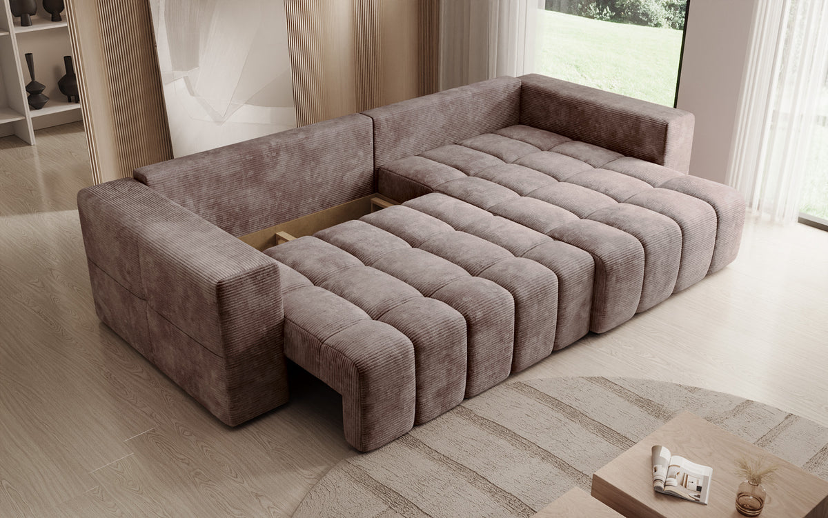 Designer Ecksofa Momo mit Schlaf- und Klappfunktion in Cord