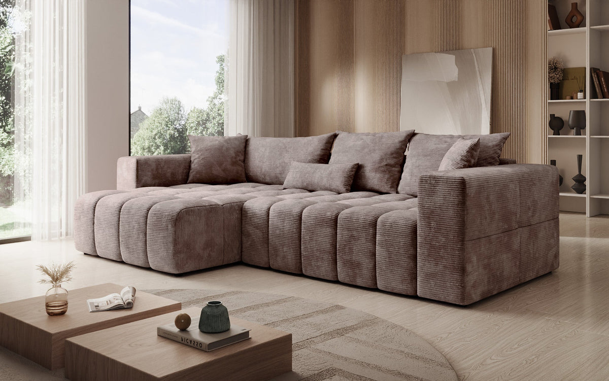 Designer Ecksofa Momo mit Schlaf- und Klappfunktion in Cord