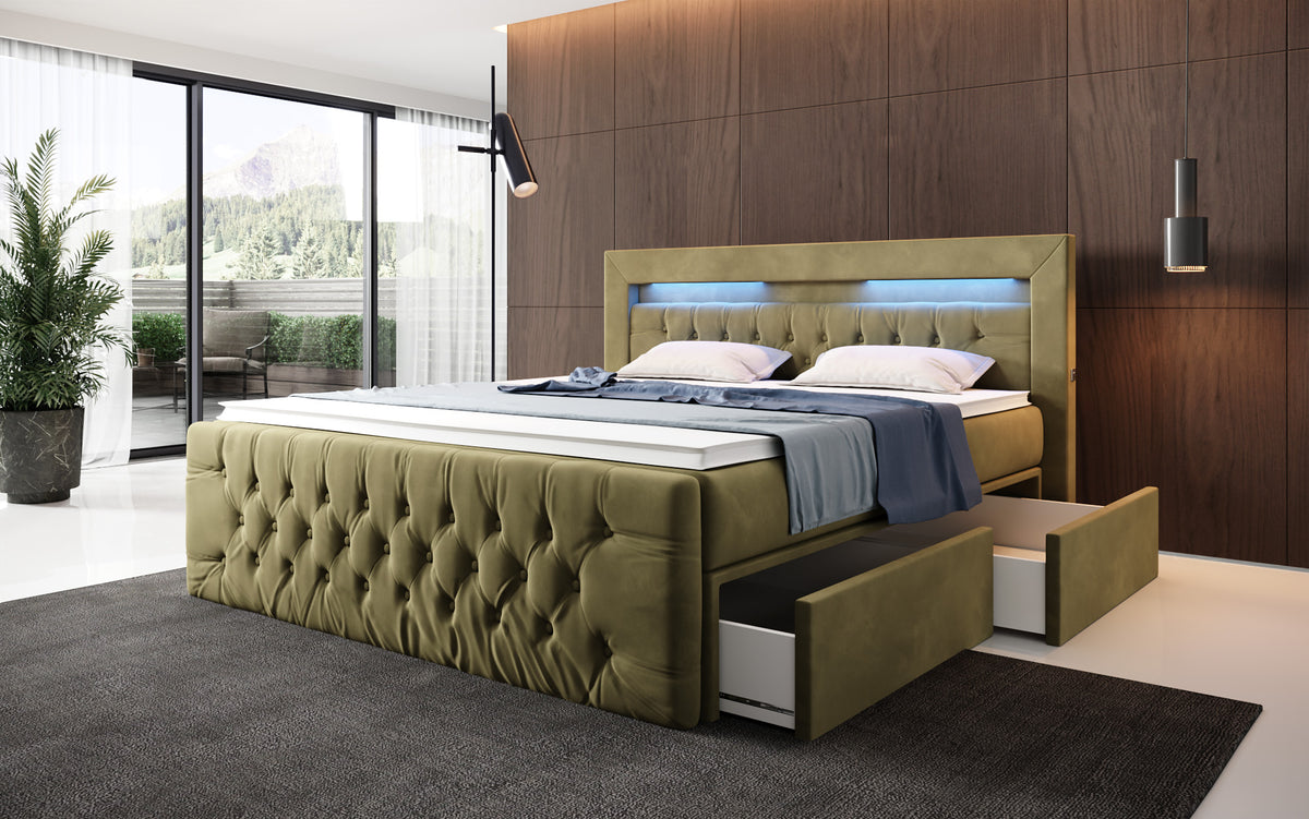 Boxspringbett Menzogna Samt mit LED und Stauraum (2 Schubladen)