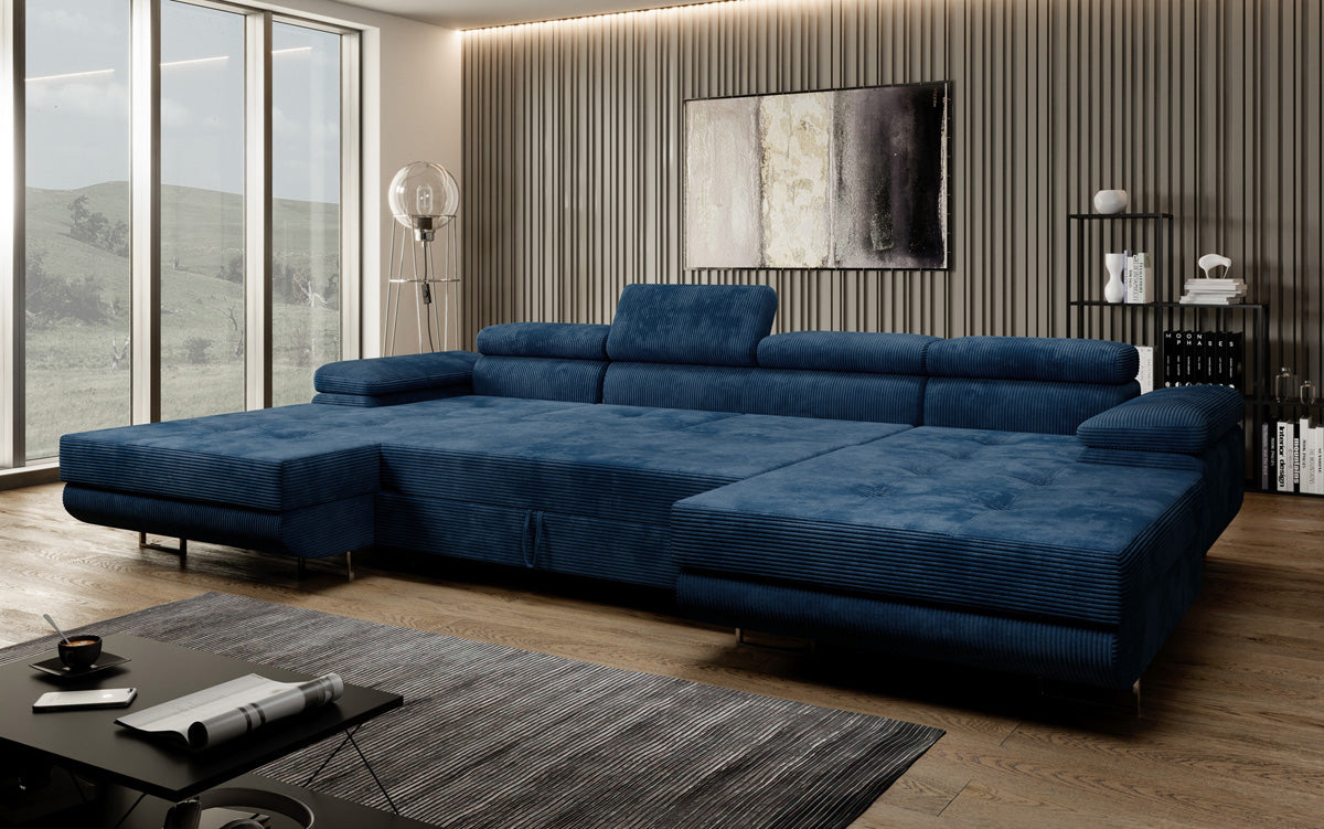 Designer Sofa Calvera U mit Schlaf- und Klappfunktion in Cord