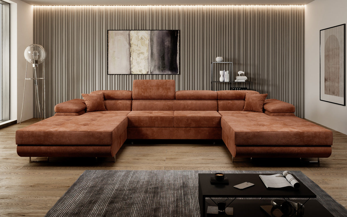Designer Sofa Calvera U mit Schlaf- und Klappfunktion in Cord