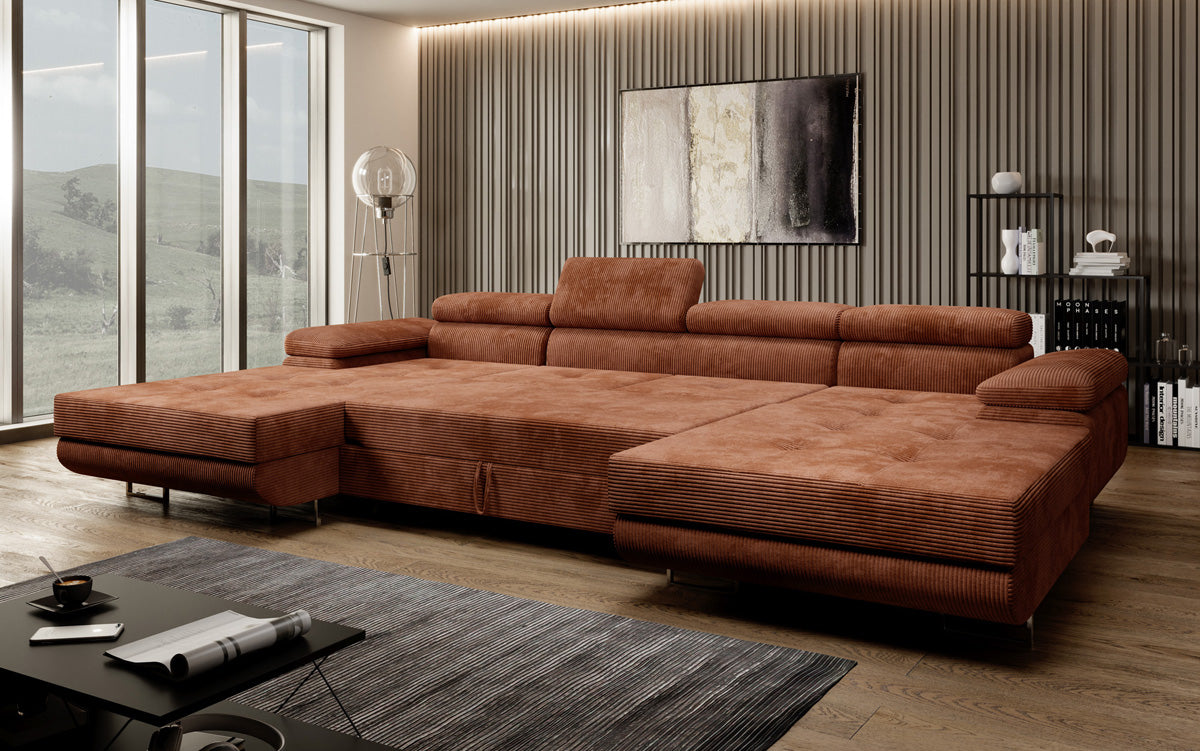 Designer Sofa Calvera U mit Schlaf- und Klappfunktion in Cord