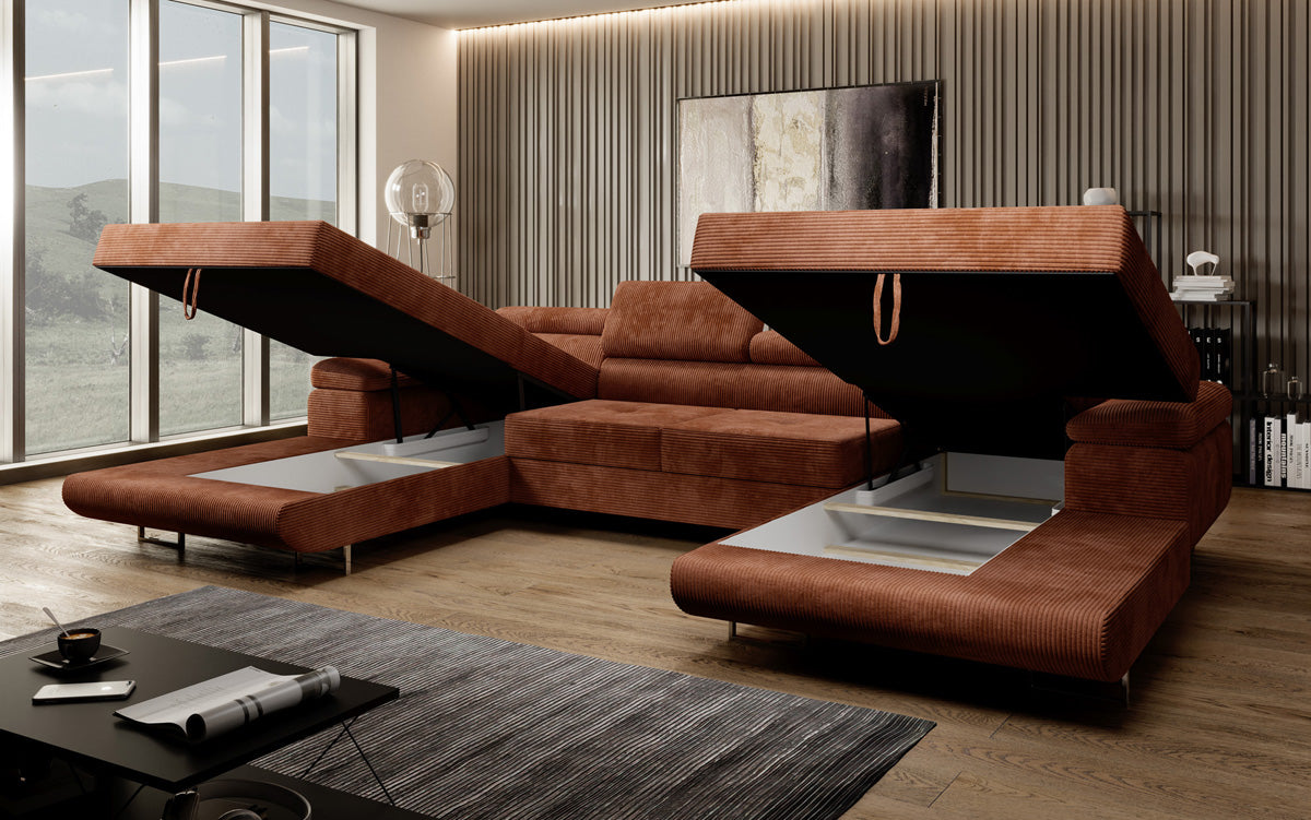 Designer Sofa Calvera U mit Schlaf- und Klappfunktion in Cord