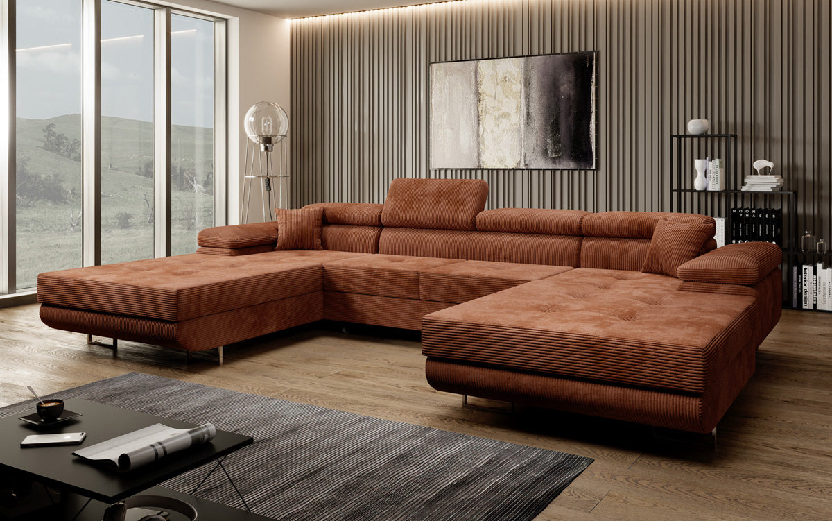 Designer Sofa Calvera U mit Schlaf- und Klappfunktion in Cord