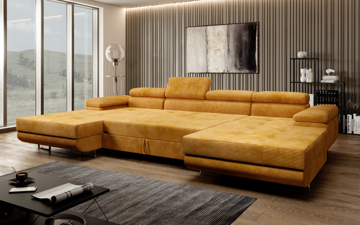 Designer Sofa Calvera U mit Schlaf- und Klappfunktion in Cord
