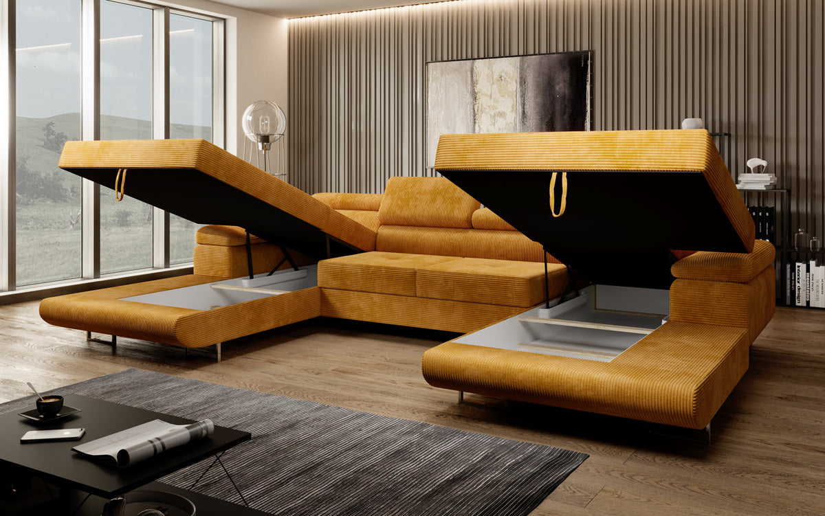 Designer Sofa Calvera U mit Schlaf- und Klappfunktion in Cord